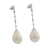 Vintage pearl ruby diamond 18k white gold drop earrings