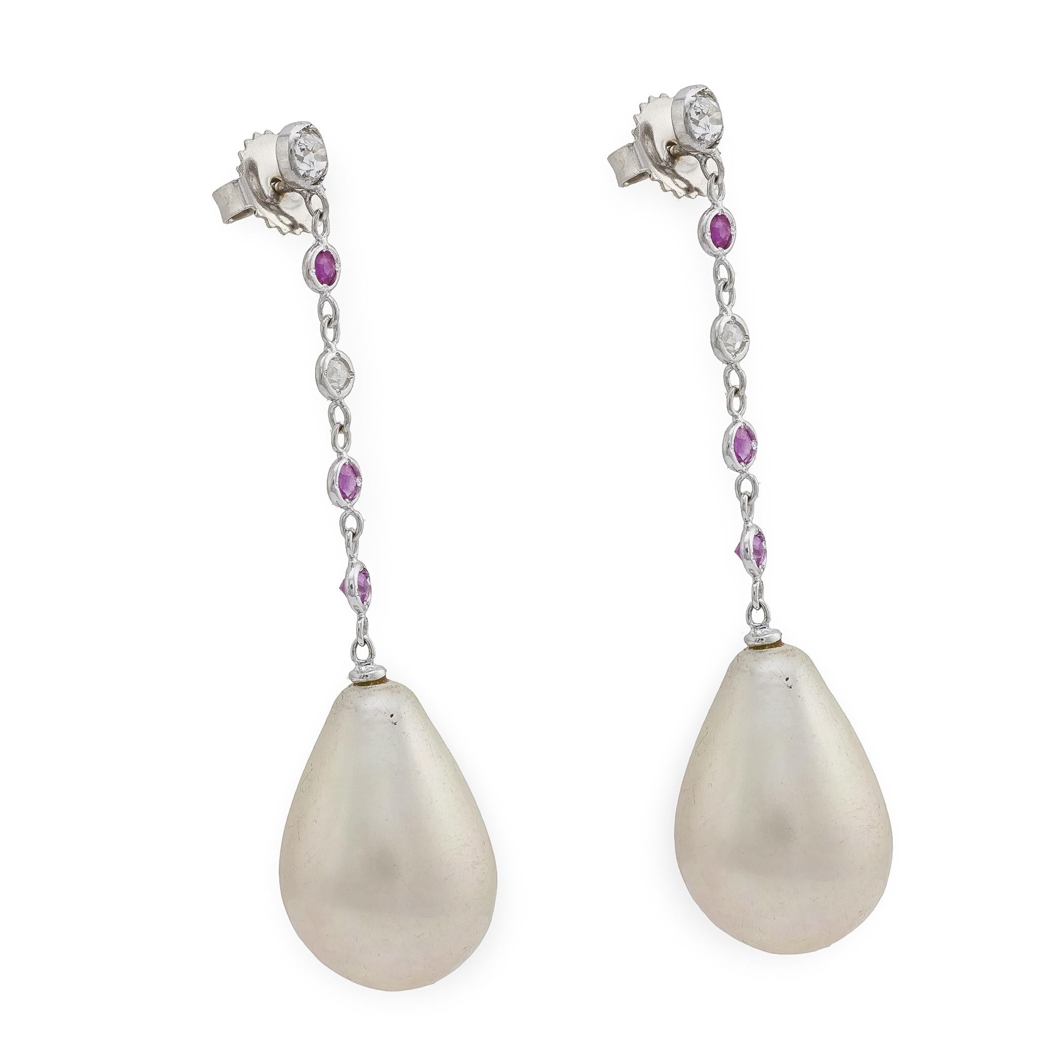 Vintage pearl ruby diamond 18k white gold drop earrings