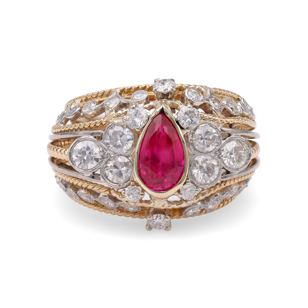 Retro Ruby Diamond Yellow Gold Cocktail Ring