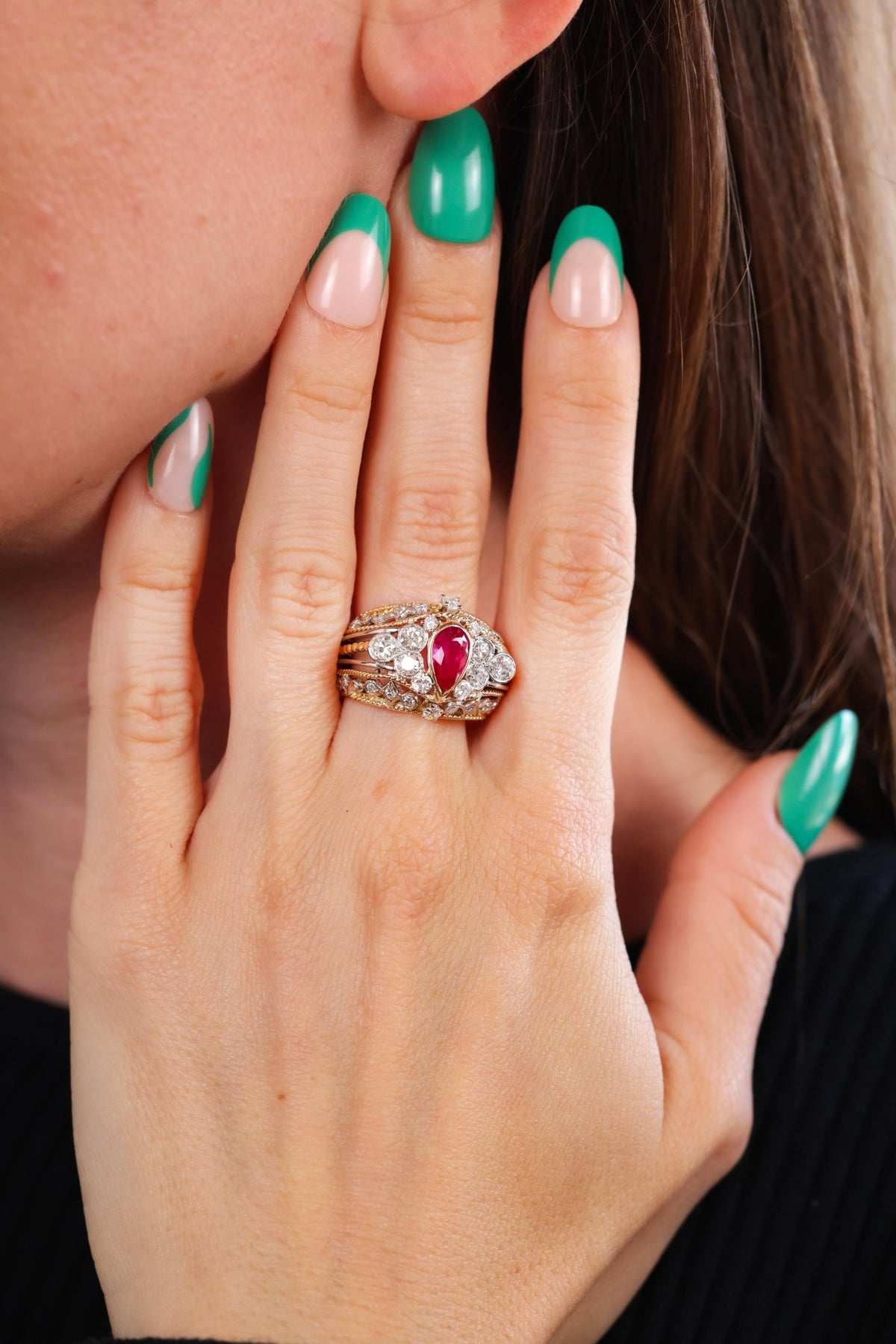 Retro Ruby Diamond Yellow Gold Cocktail Ring