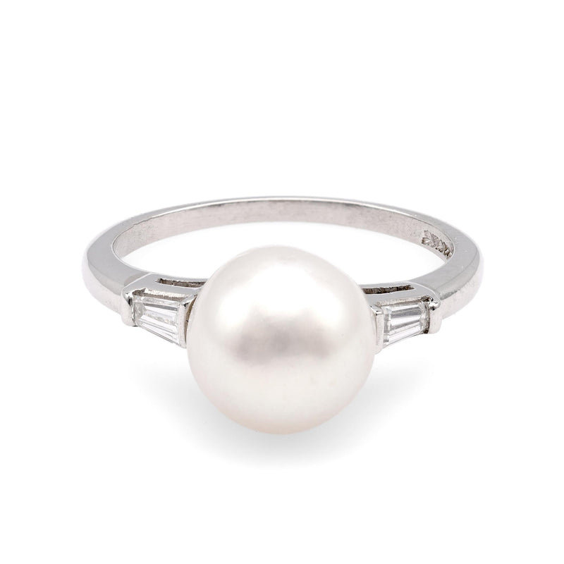 Mid-Century Pearl Diamond Platinum Ring