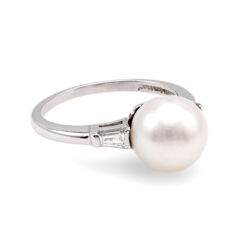 Mid-Century Pearl Diamond Platinum Ring