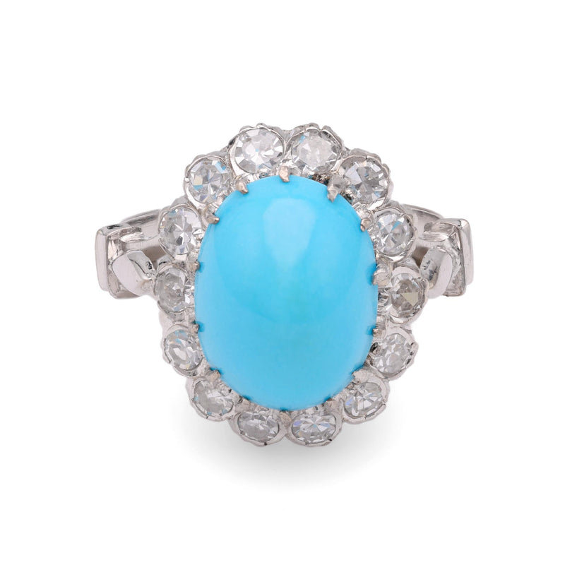 Mid-Century Turquoise Diamond White Gold Halo Ring