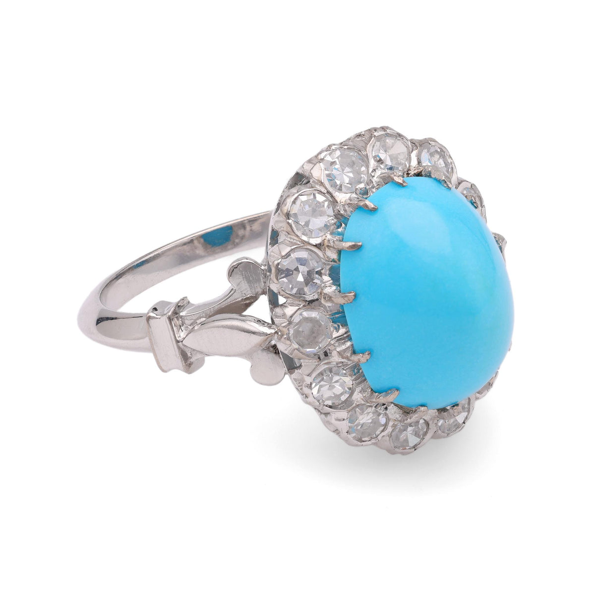 Mid-Century Turquoise Diamond White Gold Halo Ring