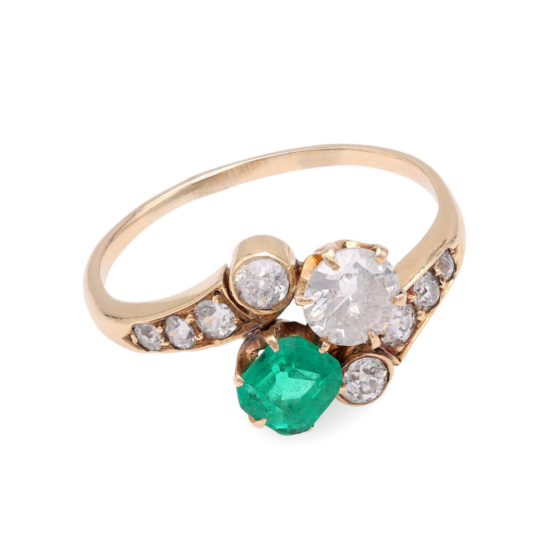 Edwardian Emerald Diamond Toi Et Moi Yellow Gold Ring