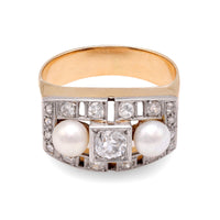 Retro Diamond Pearl Yellow Gold and Platinum Ring