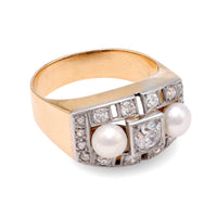 Retro Diamond Pearl Yellow Gold and Platinum Ring