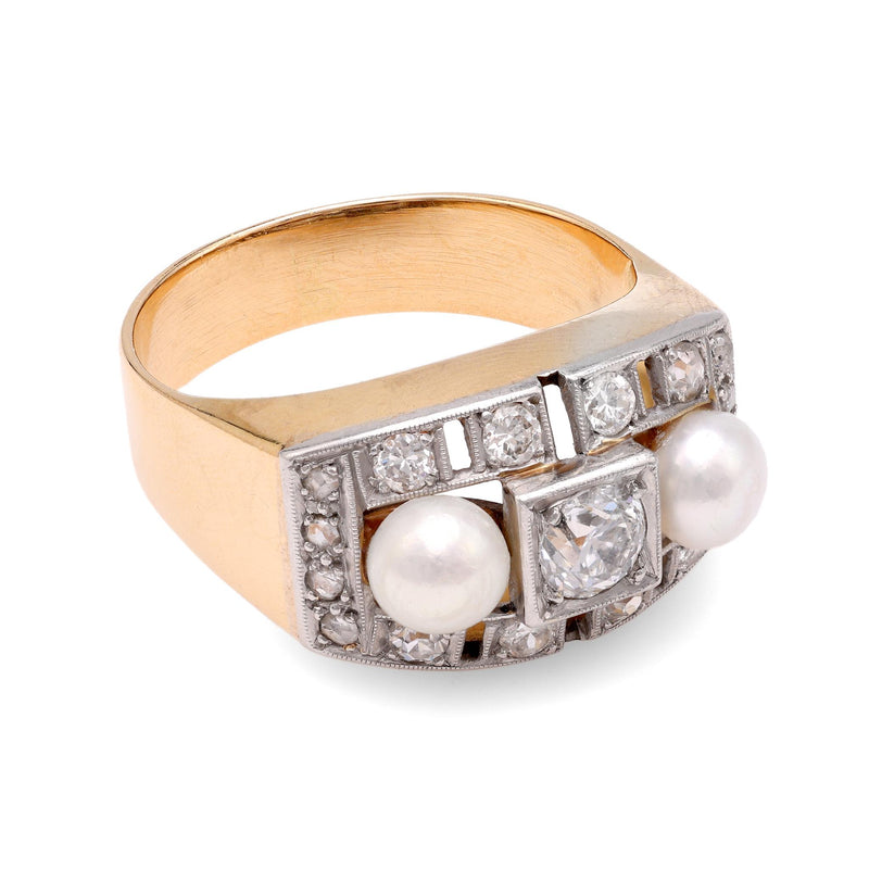 Retro Diamond Pearl Yellow Gold and Platinum Ring