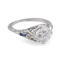 Art Deco GIA 1.66 Carat Old European Diamond Sapphire White Gold Engagement Ring