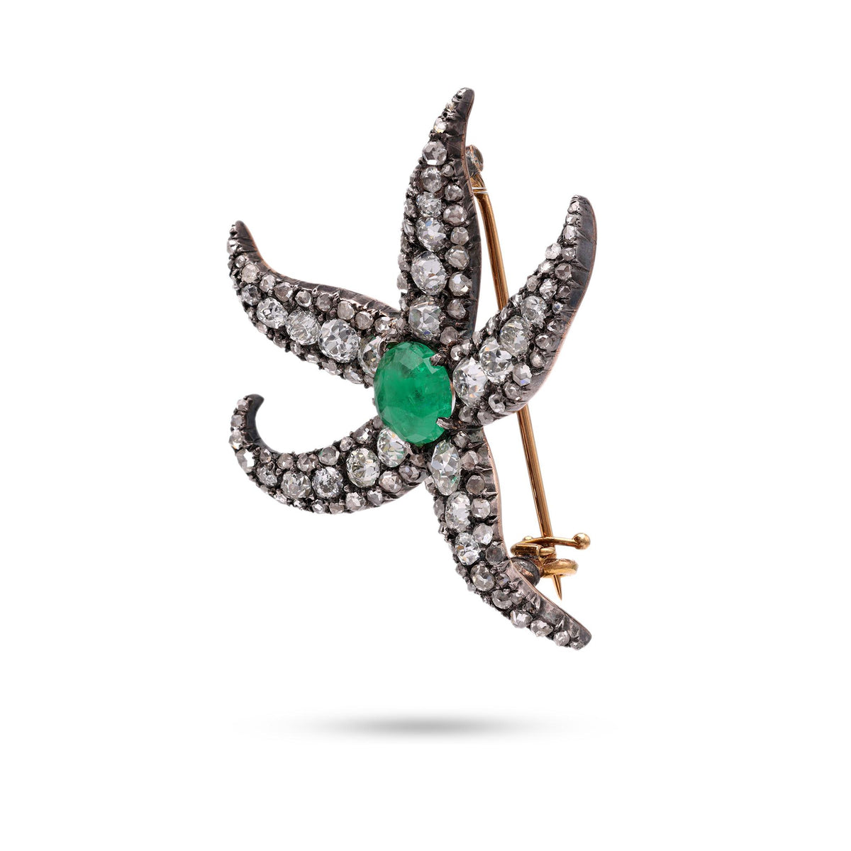 Antique Diamond Emerald Silver and Gold Starfish Brooch