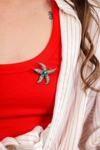 Antique Diamond Emerald Silver and Gold Starfish Brooch