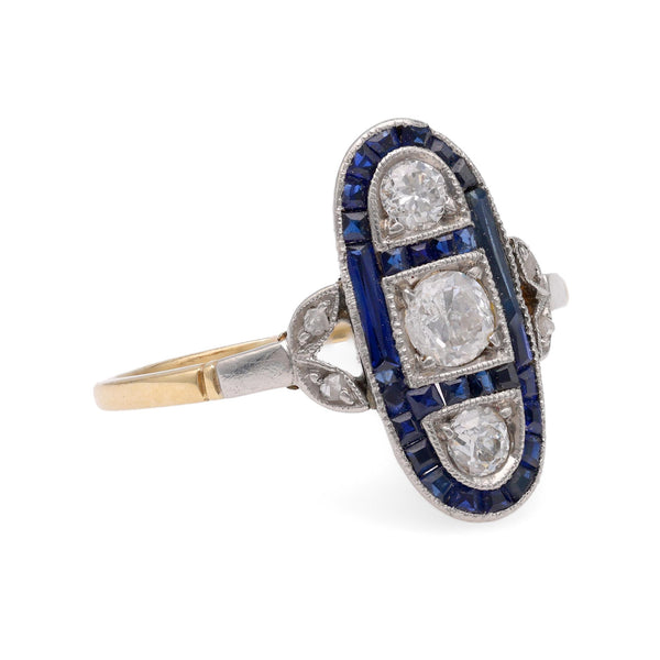 Art Deco Diamond Sapphire Yellow Gold & Platinum Ring – Trumpet & Horn