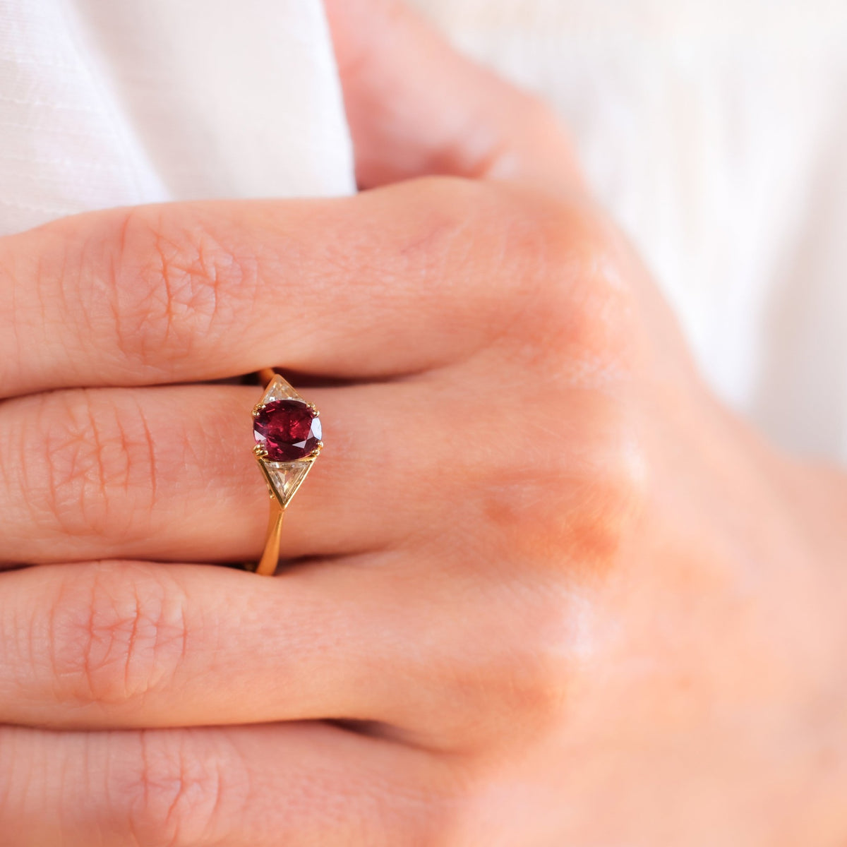 Vintage French GIA Ruby Diamond 18K Yellow Gold Three Stone Ring