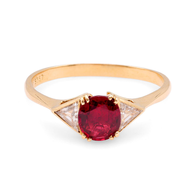 Vintage French GIA Ruby Diamond 18K Yellow Gold Three Stone Ring