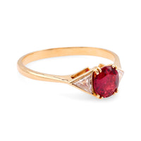 Vintage French GIA Ruby Diamond 18K Yellow Gold Three Stone Ring