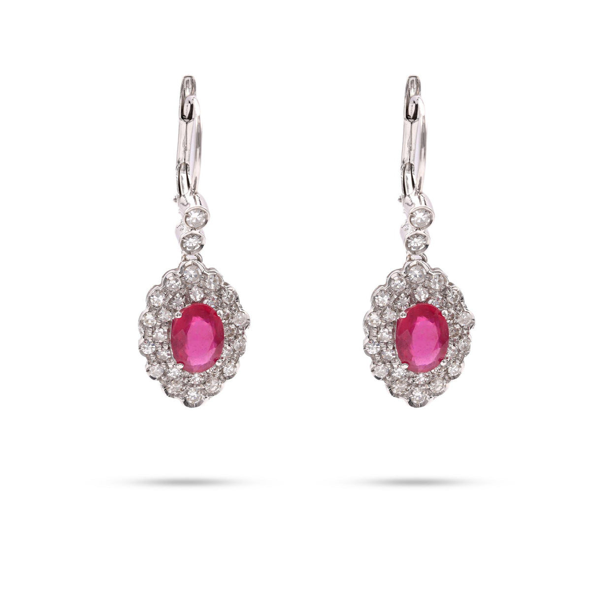 Pair of Art Deco Revival Ruby Diamond 18k White Gold Drop Earrings