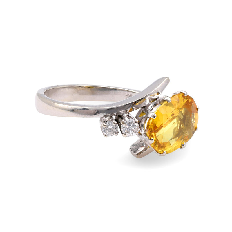 Mid Century GIA 2 Carat Yellow Sapphire Diamond 14K White Gold Ring