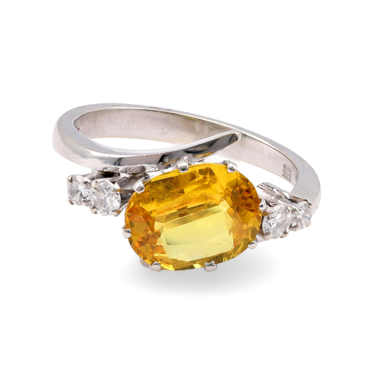 Mid Century GIA 2 Carat Yellow Sapphire Diamond 14K White Gold Ring