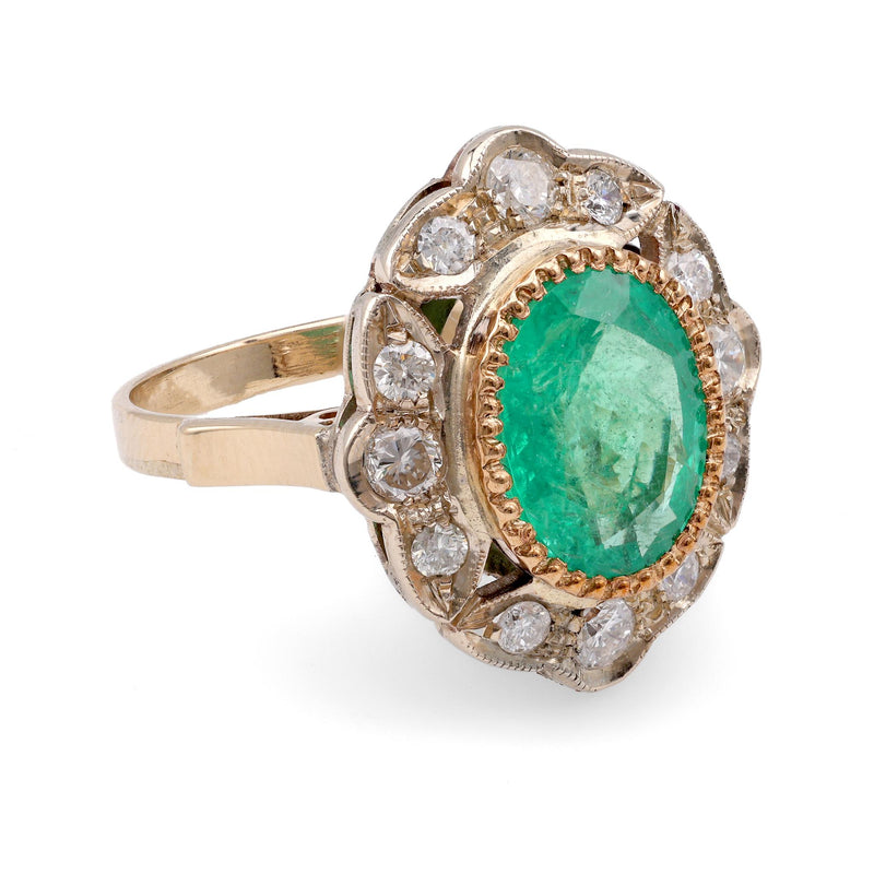 Victorian Inspired Emerald Diamond Yellow & White Gold Ring