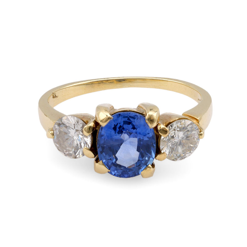 Mid-Century GIA 1.80 Carat Sapphire Diamond Yellow Gold Three Stone Ring