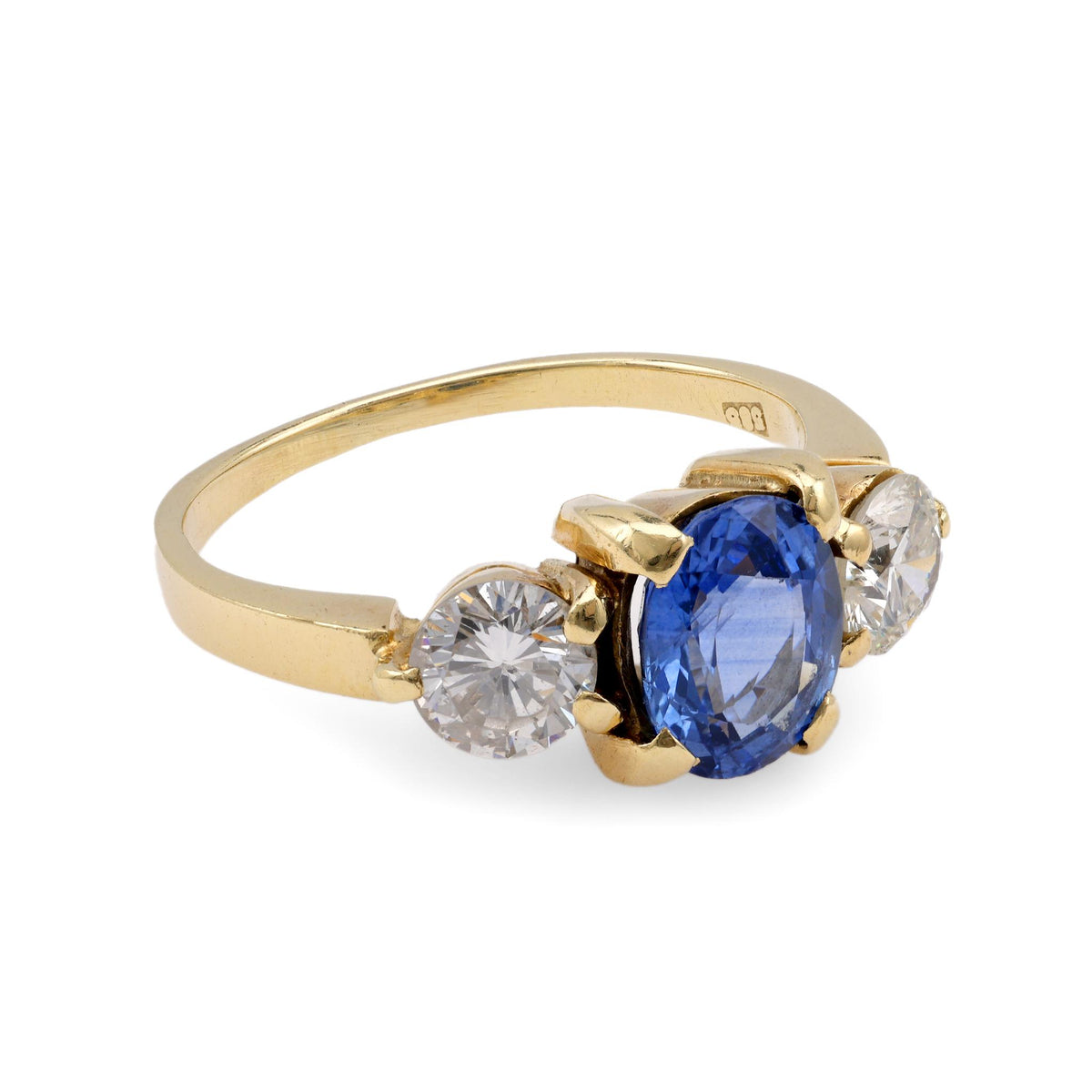 Mid-Century GIA 1.80 Carat Sapphire Diamond Yellow Gold Three Stone Ring