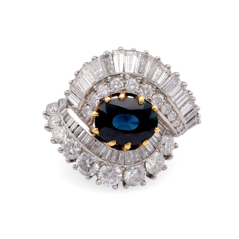 Vintage Austrian GIA 2.05 Carat Sapphire Diamond White Gold Cocktail Ring