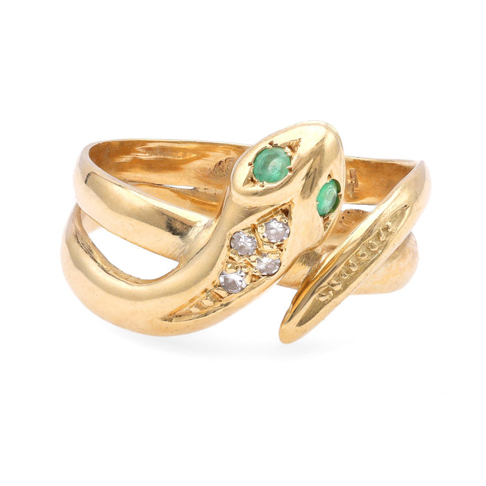 One Vintage Austrian Emerald Diamond 14k Yellow Gold Snake Ring.