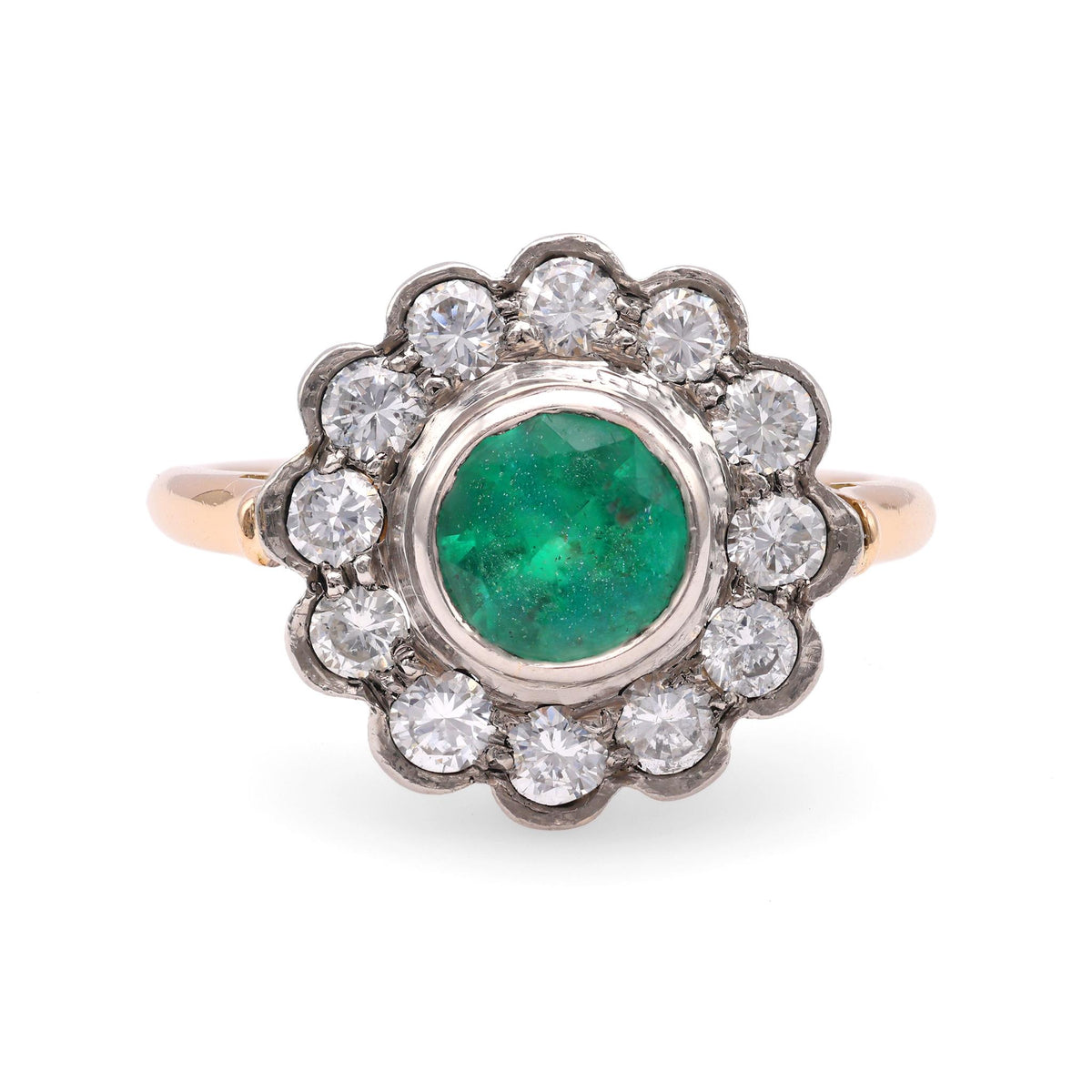 One Victorian Revival Emerald Diamond 14k Yellow Gold Platinum Cluster Ring.