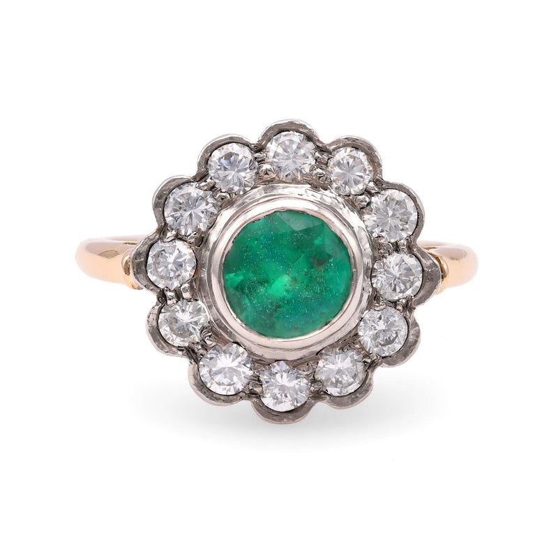 One Victorian Revival Emerald Diamond 14k Yellow Gold Platinum Cluster Ring.