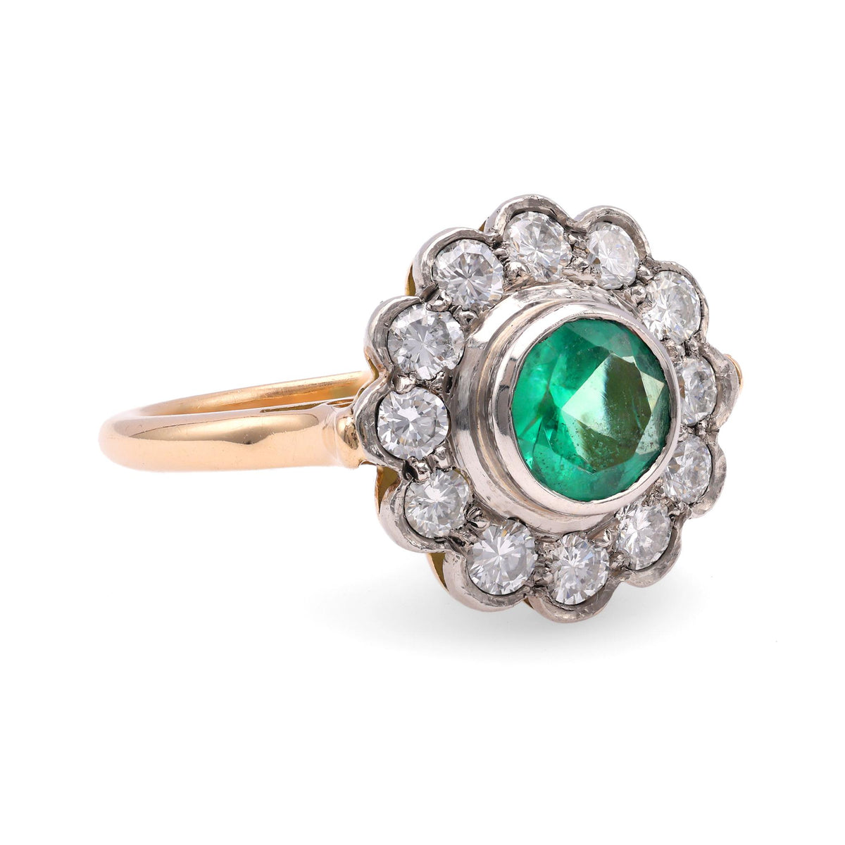 One Victorian Revival Emerald Diamond 14k Yellow Gold Platinum Cluster Ring.