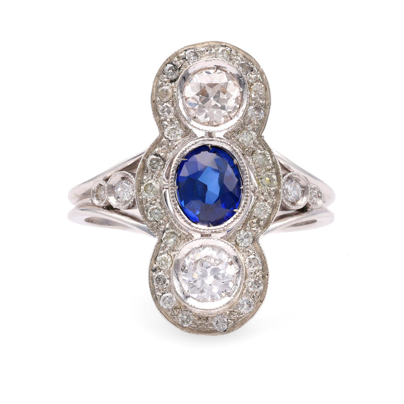 One Art Deco Revival Sapphire Diamond 18k White Gold Ring