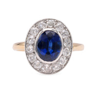 One Edwardian Sapphire Diamond 18k Yellow Gold Platinum Cluster Ring