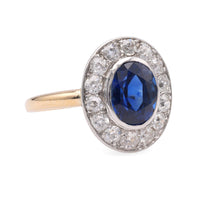 One Edwardian Sapphire Diamond 18k Yellow Gold Platinum Cluster Ring