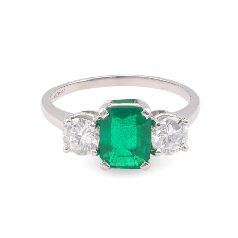 Mid Century GIA 1.52 Carat Emerald Diamond Platinum Three Stone Ring