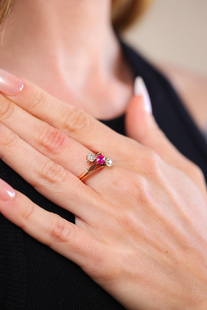 Victorian Ruby Diamond Gold Three Stone Ring