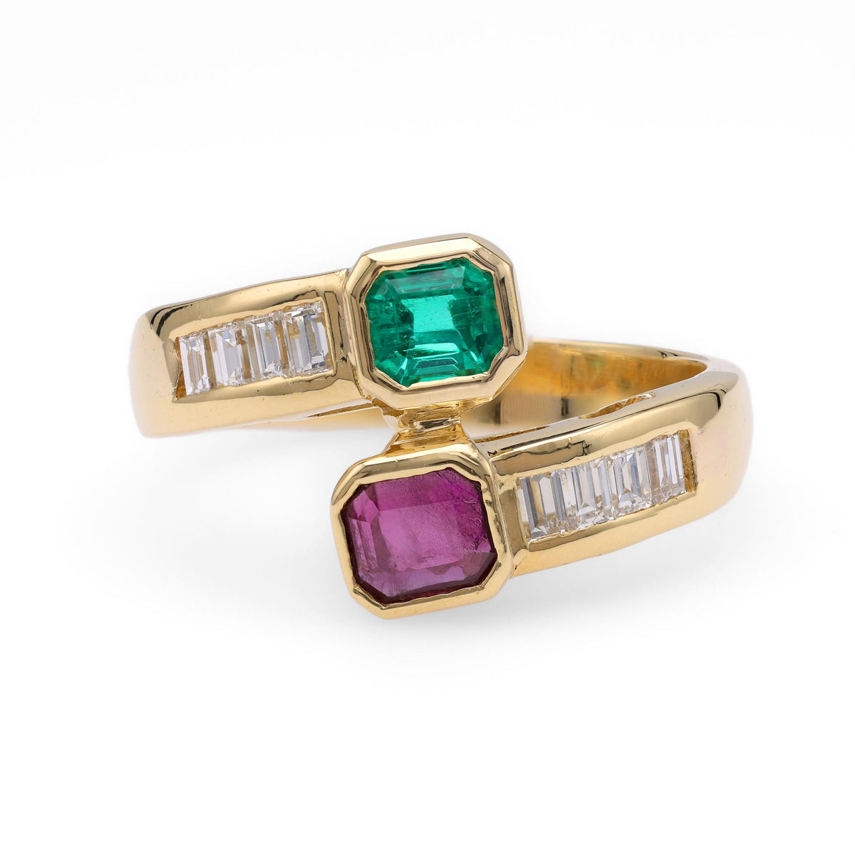 Emerald Ruby Diamond Yellow Gold Bypass Ring