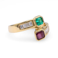 Emerald Ruby Diamond Yellow Gold Bypass Ring