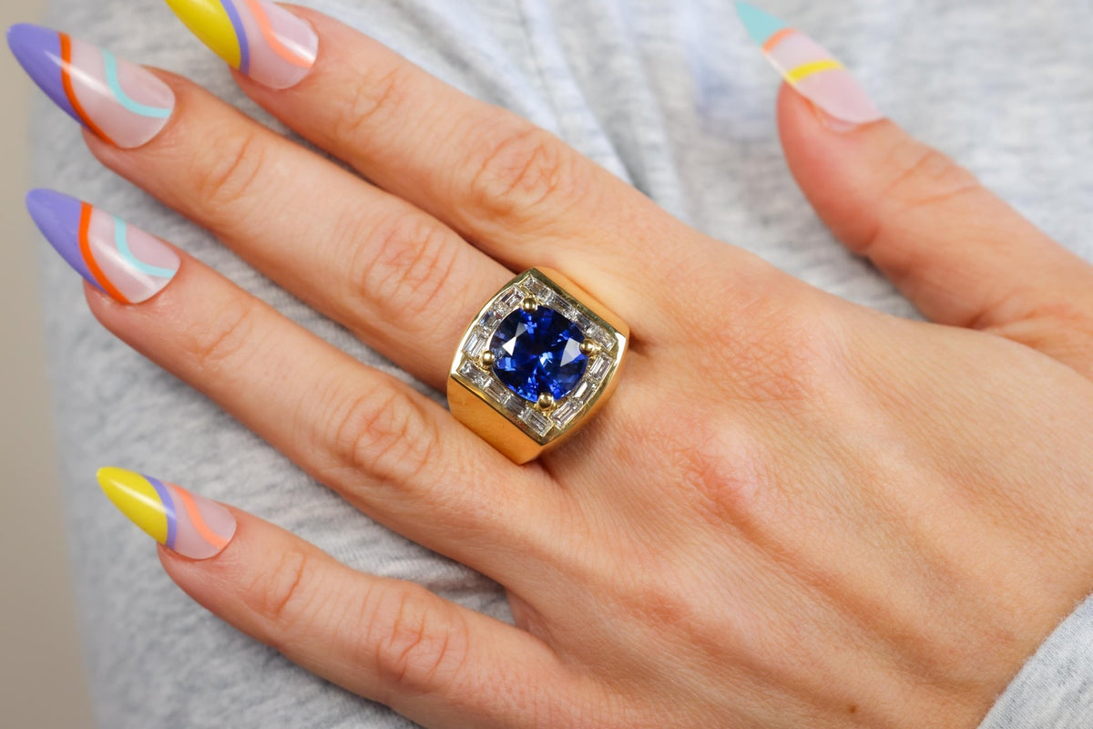 Vintage GIA 8.77 Carat Sapphire Diamond Yellow Gold Cocktail Ring