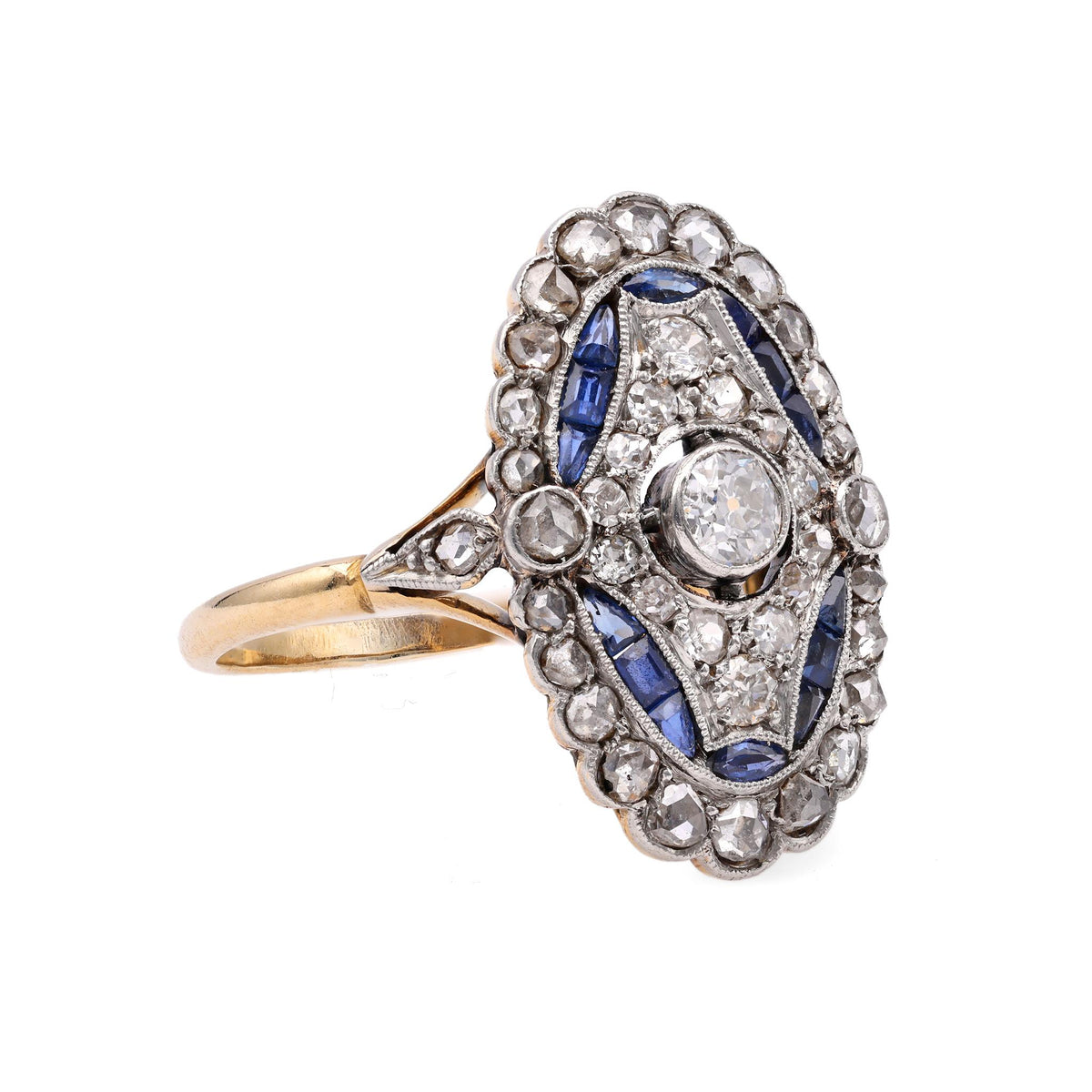 French Belle Epoque Diamond Sapphire Gold and Platinum Ring