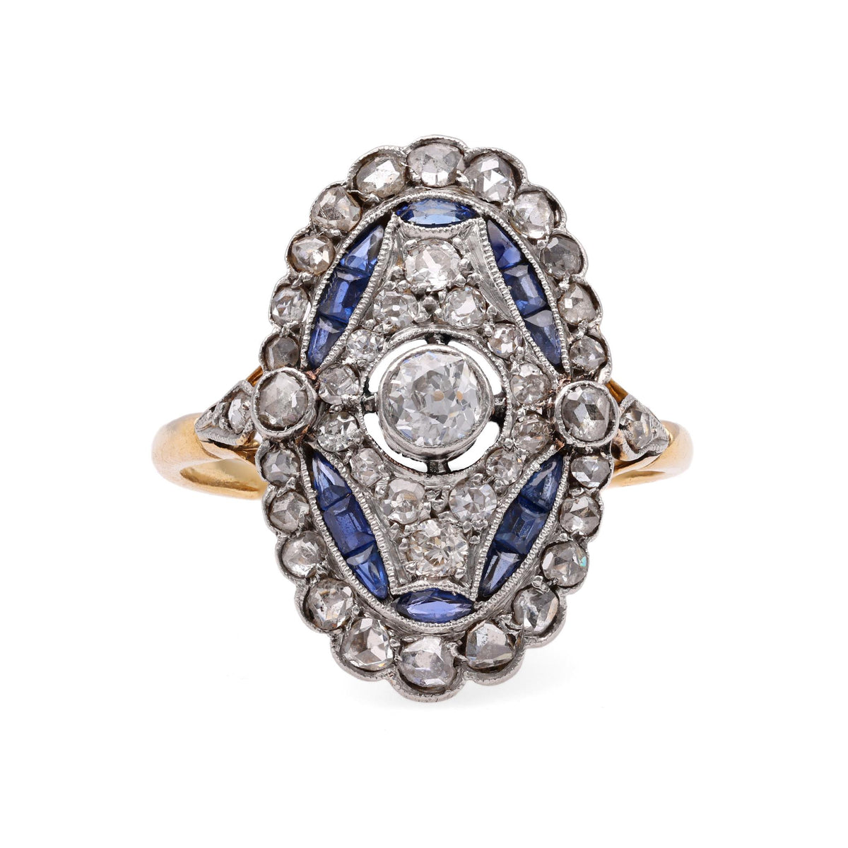 French Belle Epoque Diamond Sapphire Gold and Platinum Ring