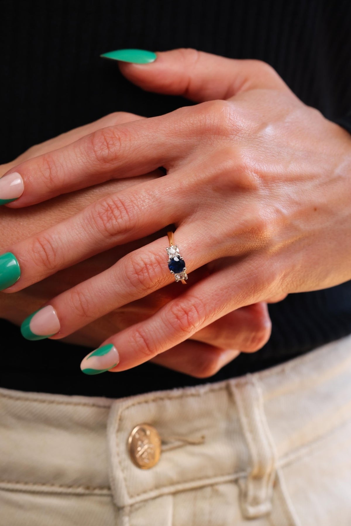 Sapphire Diamond Yellow Gold & Platinum Three Stone Ring