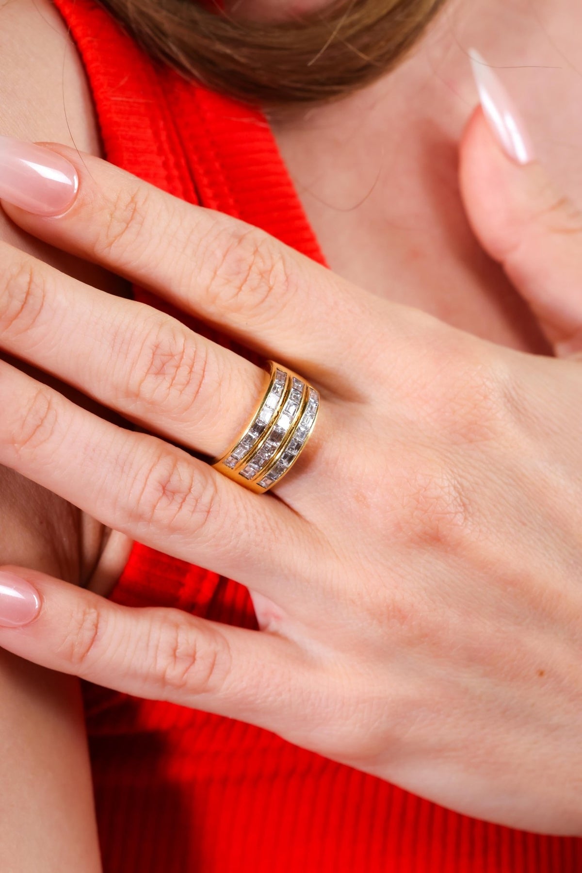 Vintage Three Row Diamond Yellow Gold Band Ring