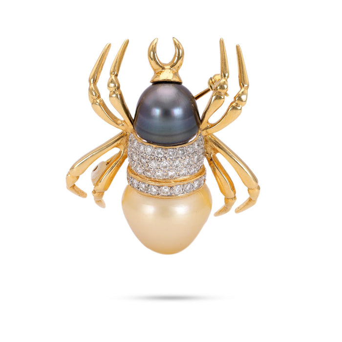 Vintage Pearl Diamond 18k Yellow Gold Spider Brooch