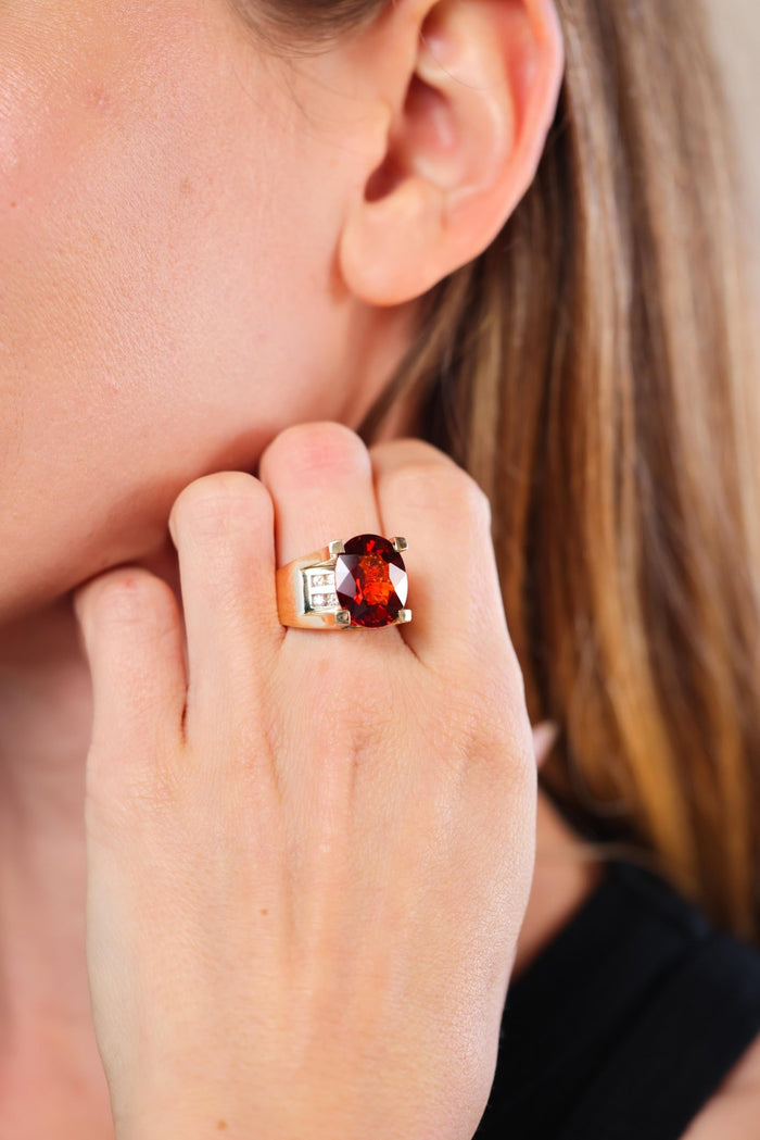 Vintage 9 Carat Spessartine Garnet Diamond Gold Cocktail Ring