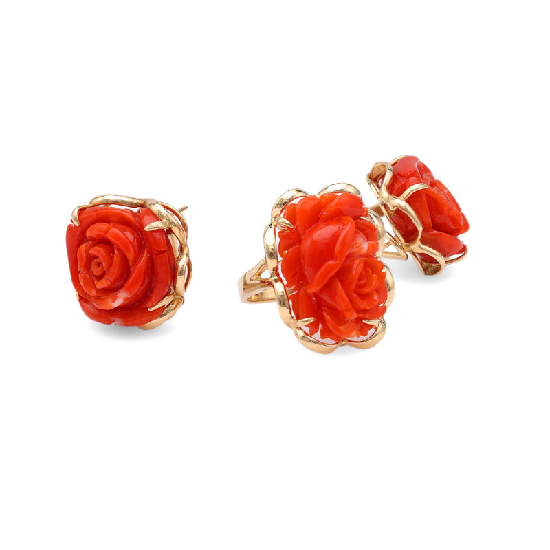 Carved Coral Yellow Gold Earrings & Ring Set