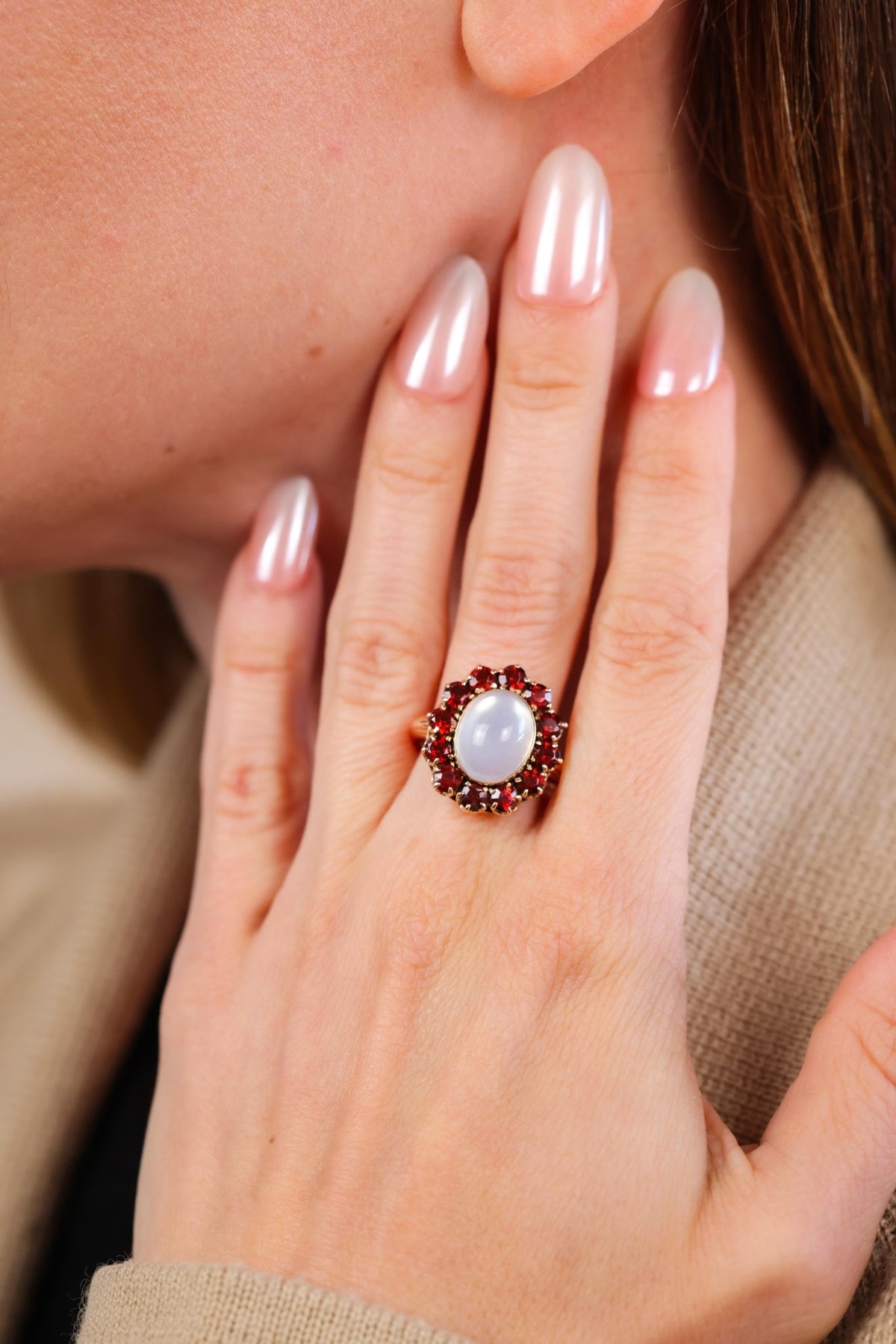 Antique Moonstone Garnet Gold Cocktail Ring