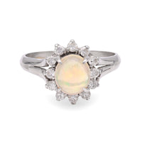 Modern Opal Diamond Platinum Cluster Ring