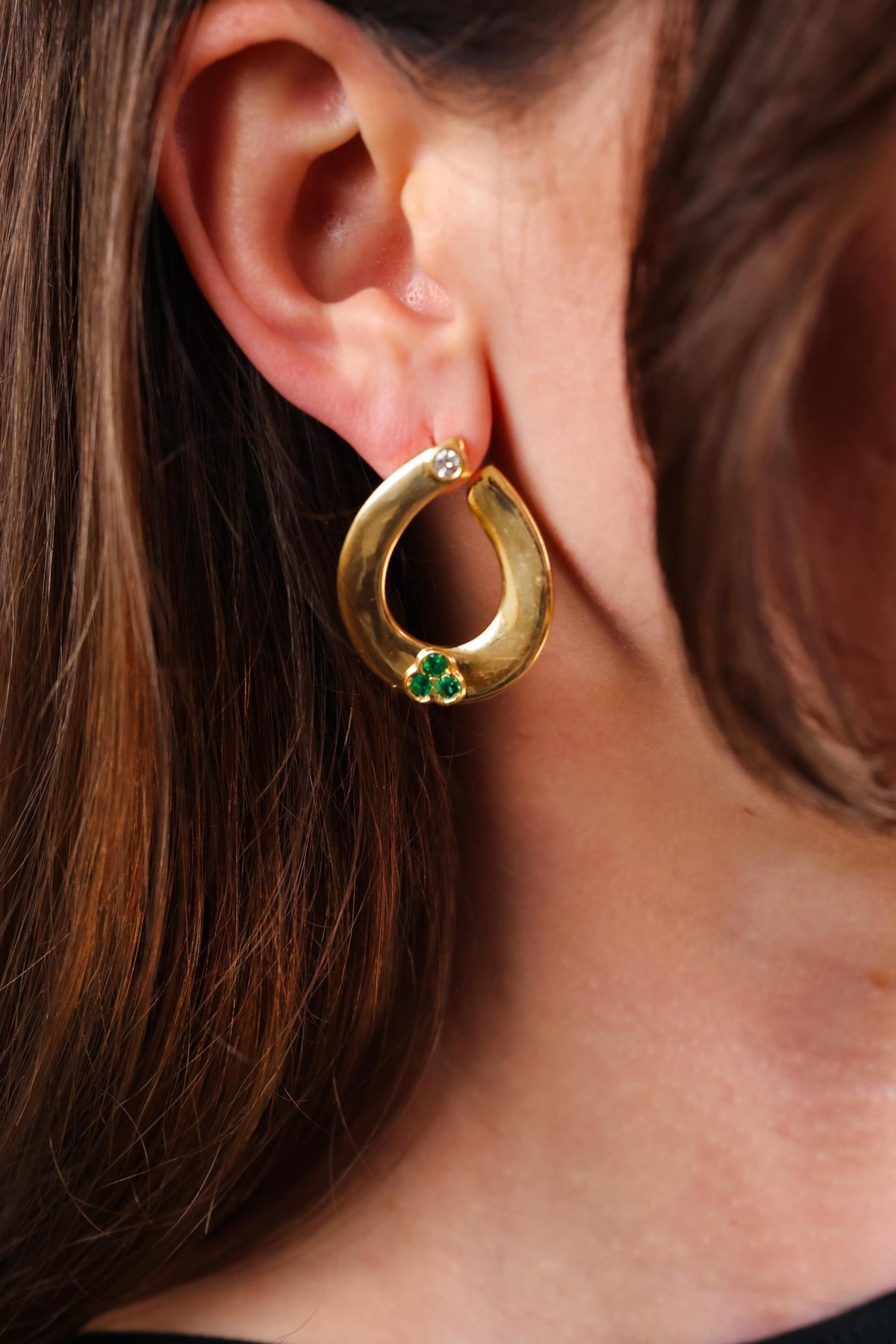 Diamond Emerald Yellow Gold Hoop Earrings