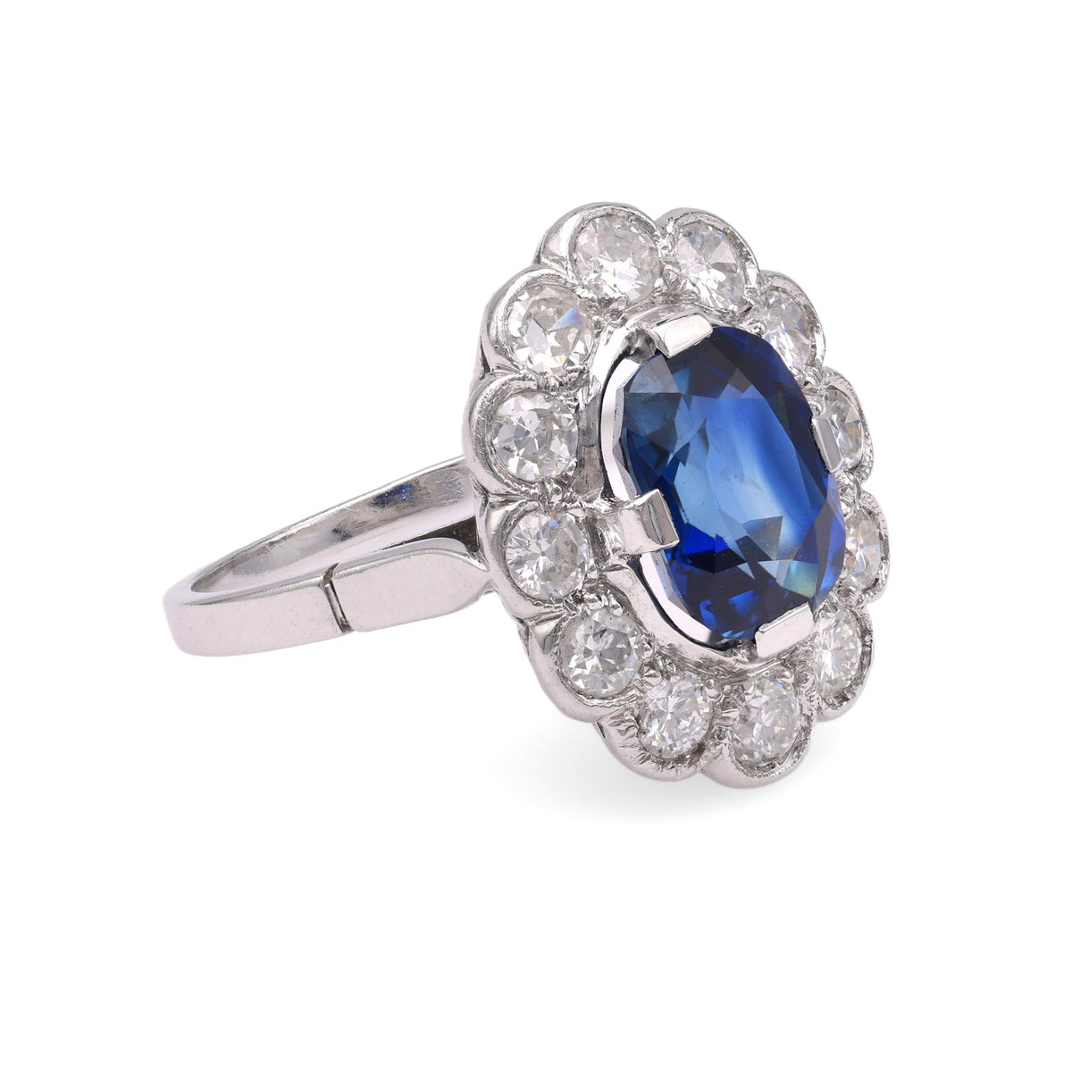 French Art Deco Sapphire Diamond Platinum Cluster Ring