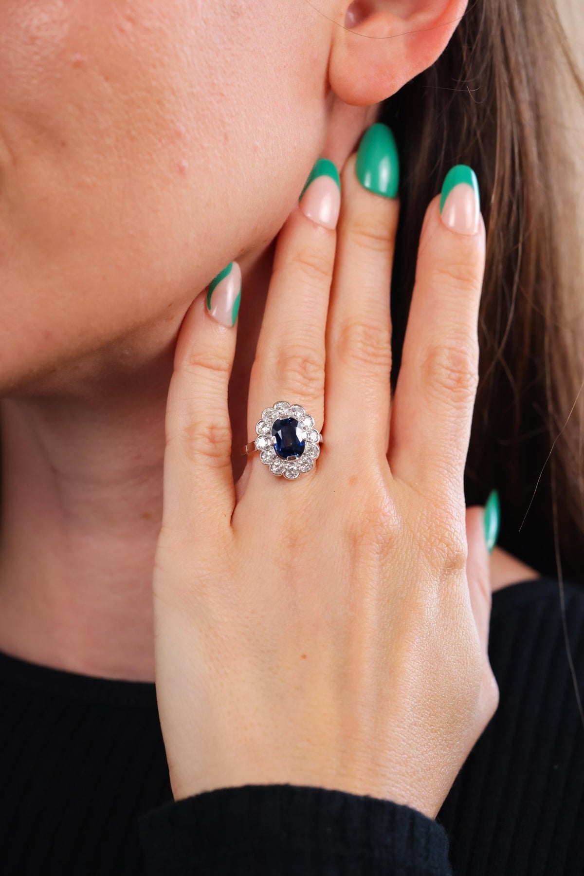 French Art Deco Sapphire Diamond Platinum Cluster Ring